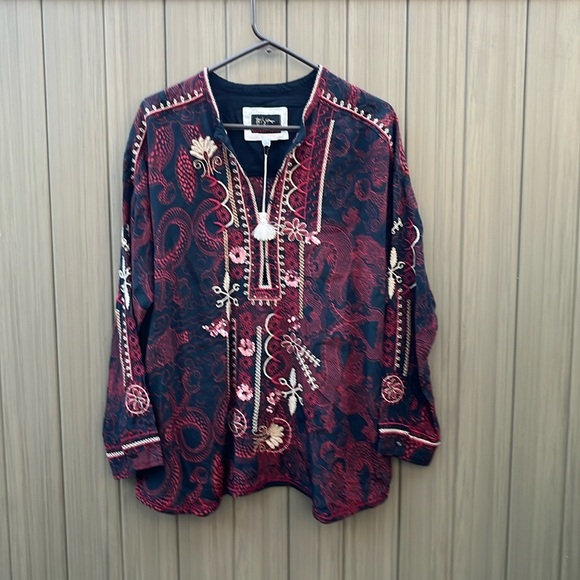 Johnny Was Belina Tunic Large Black Red Silk Embroidered Sequin Blouse Dragon - Picture 4 of 16